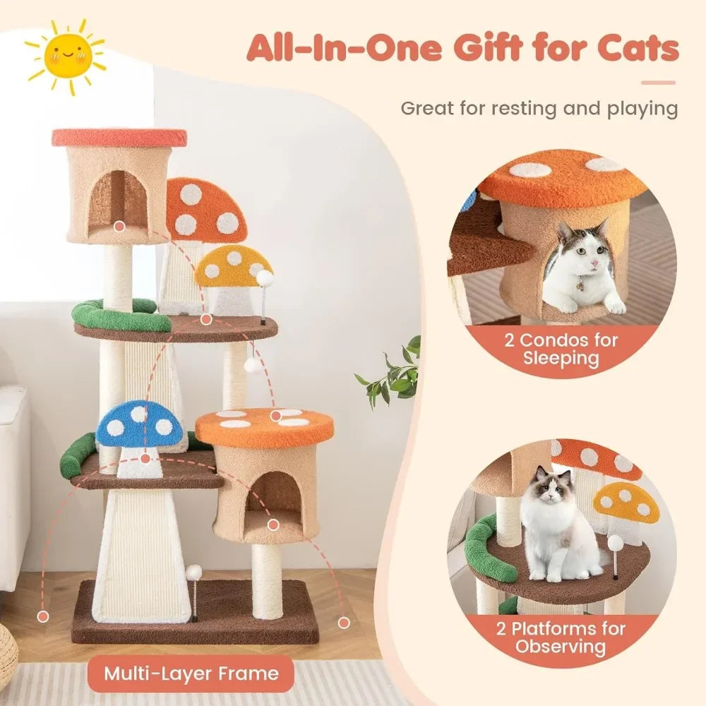 Mushroom Cat Tree with Full-Wrapped Sisal Posts