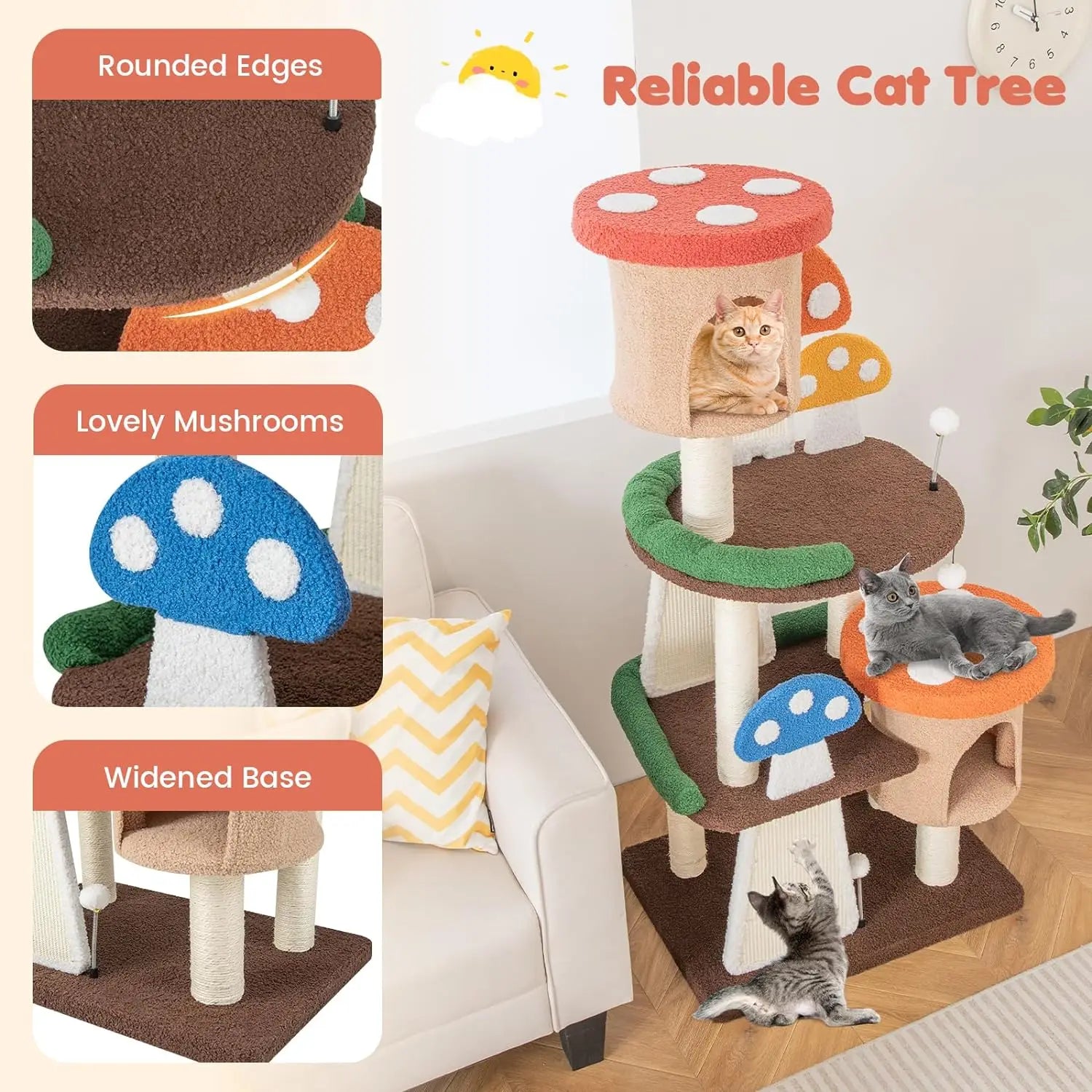 Mushroom Cat Tree with Full-Wrapped Sisal Posts