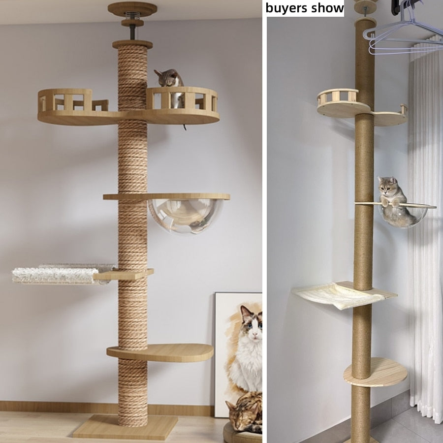 Cat Tree Floor to Ceiling Cat Tower Adjustable Kitten Multi-Level Condo With Scratching Post Pad Hammock Pet Cat Activity Center